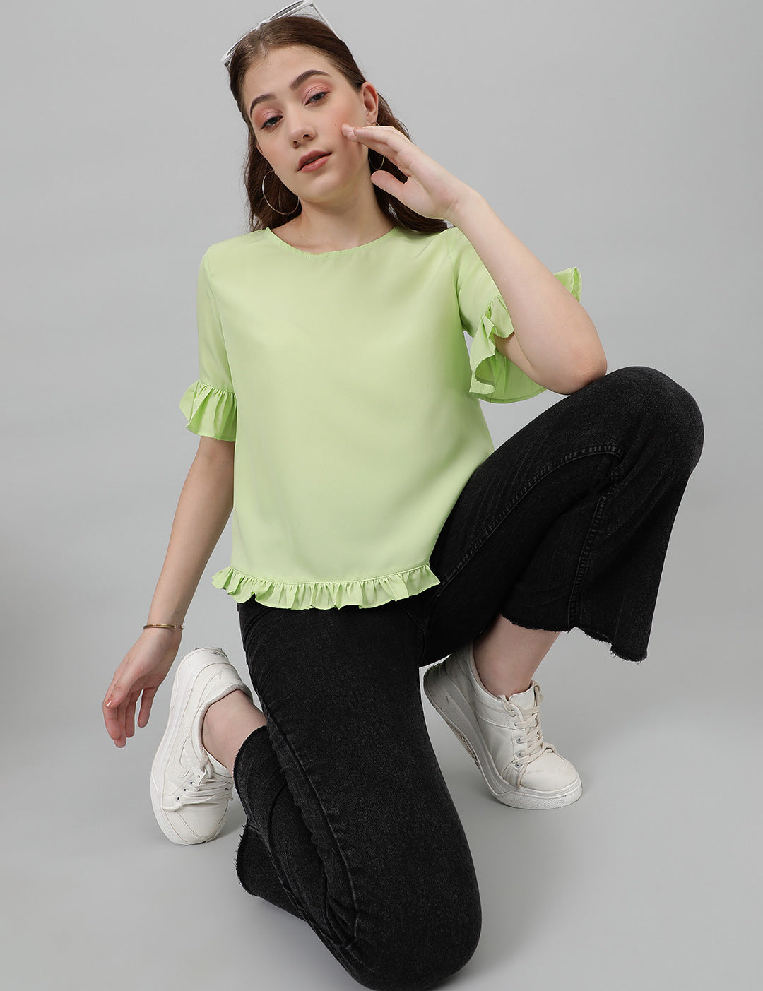 KOTTY Casual Self Design Women Light Green Top 