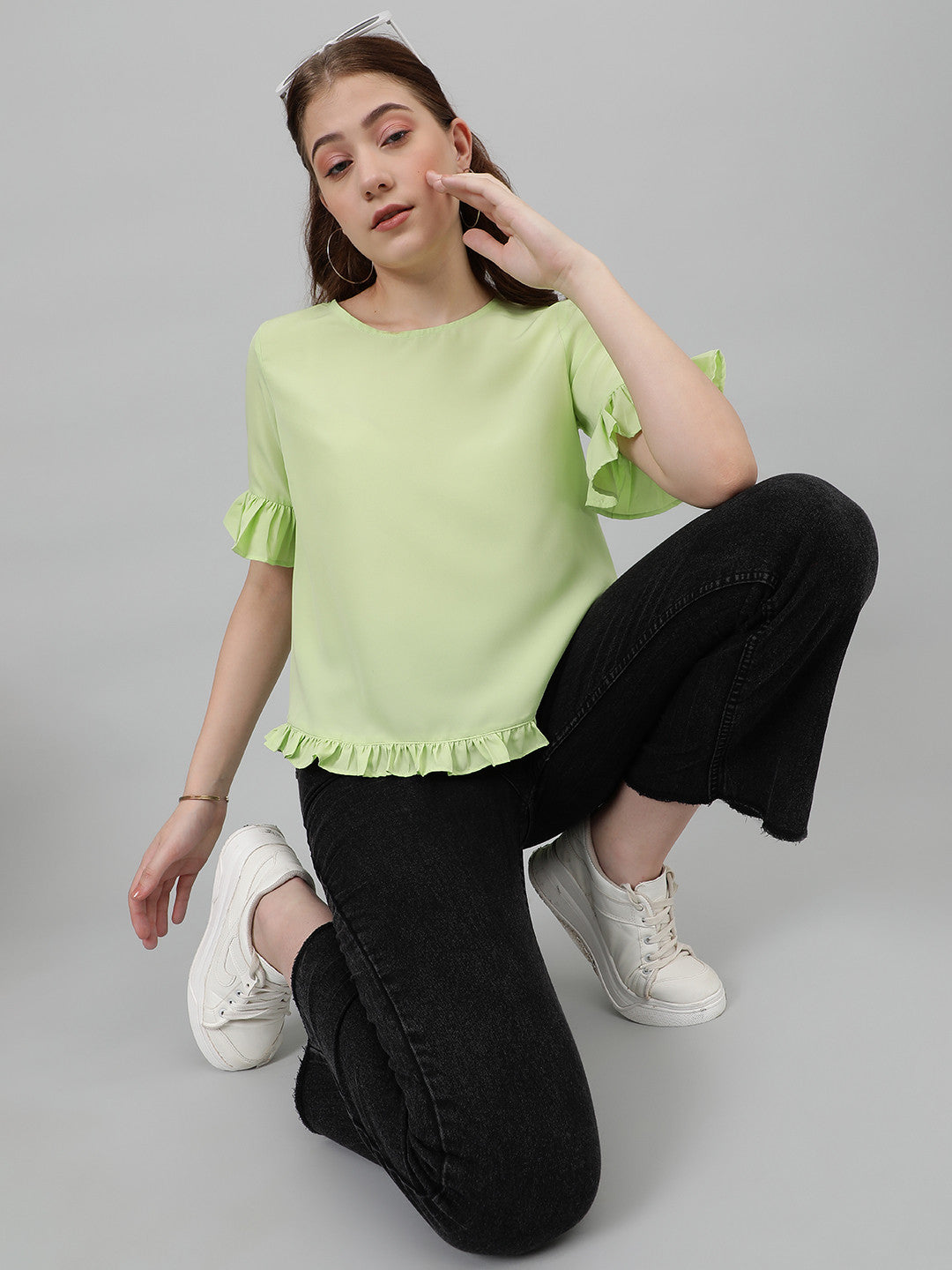 KOTTY Casual Self Design Women Light Green Top 