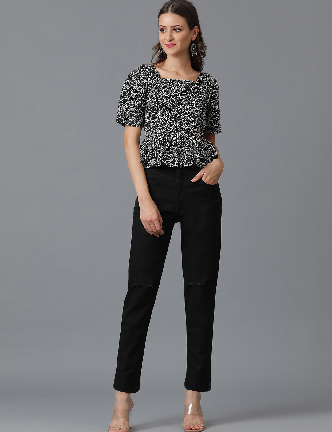 KOTTY Casual Printed Women Black, White Top 
