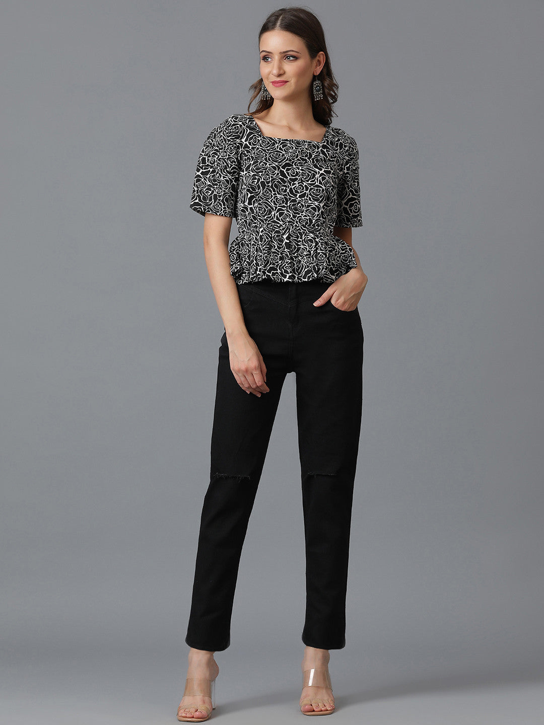 KOTTY Casual Printed Women Black, White Top 