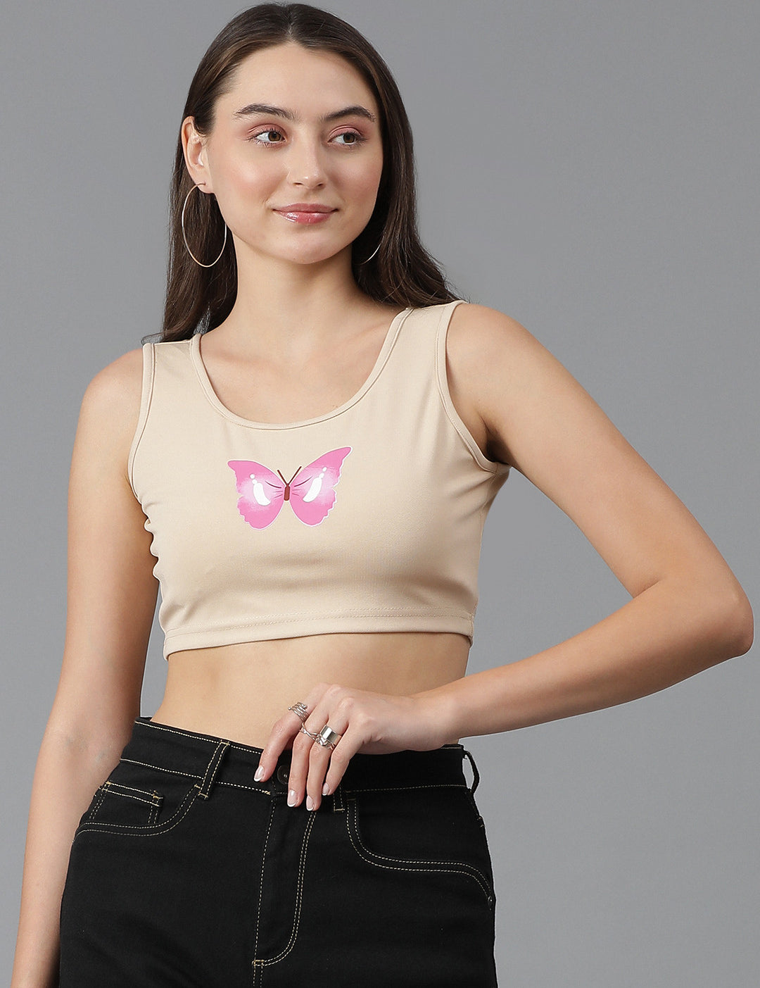KOTTY Casual Printed Women Beige Top 