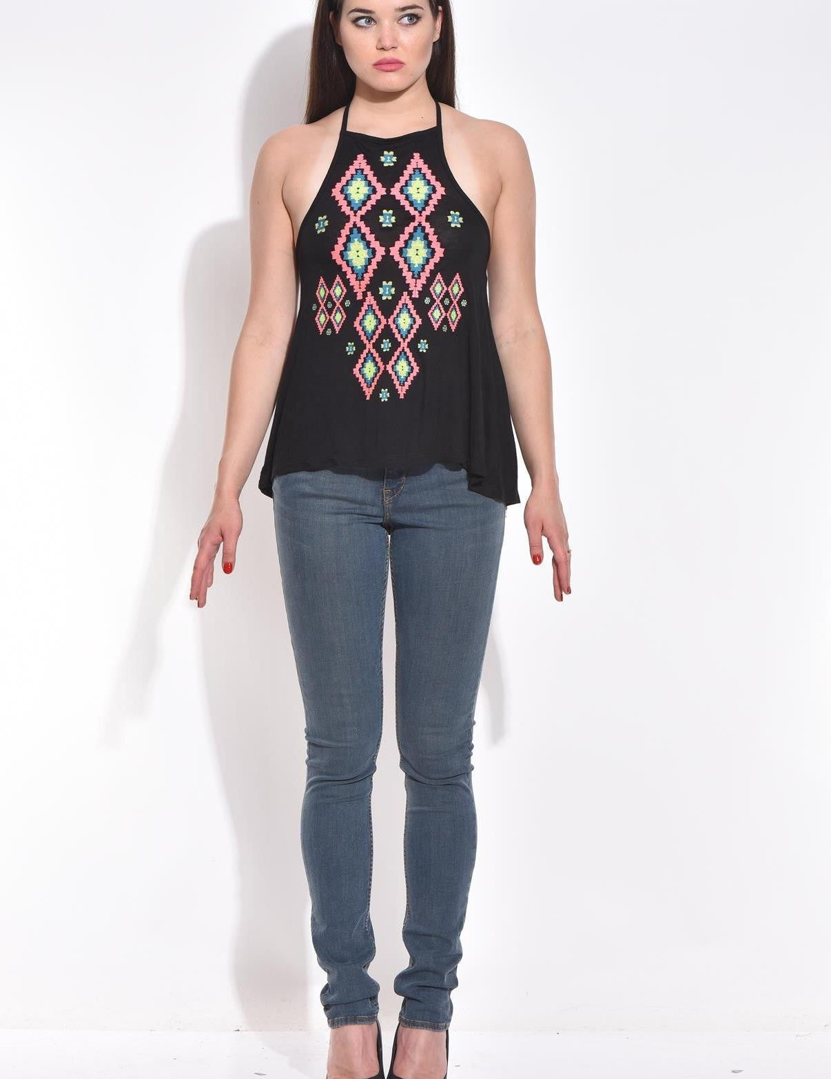 KOTTY Casual Sleeveless Printed Women Black Top 