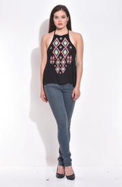 KOTTY Casual Sleeveless Printed Women Black Top 