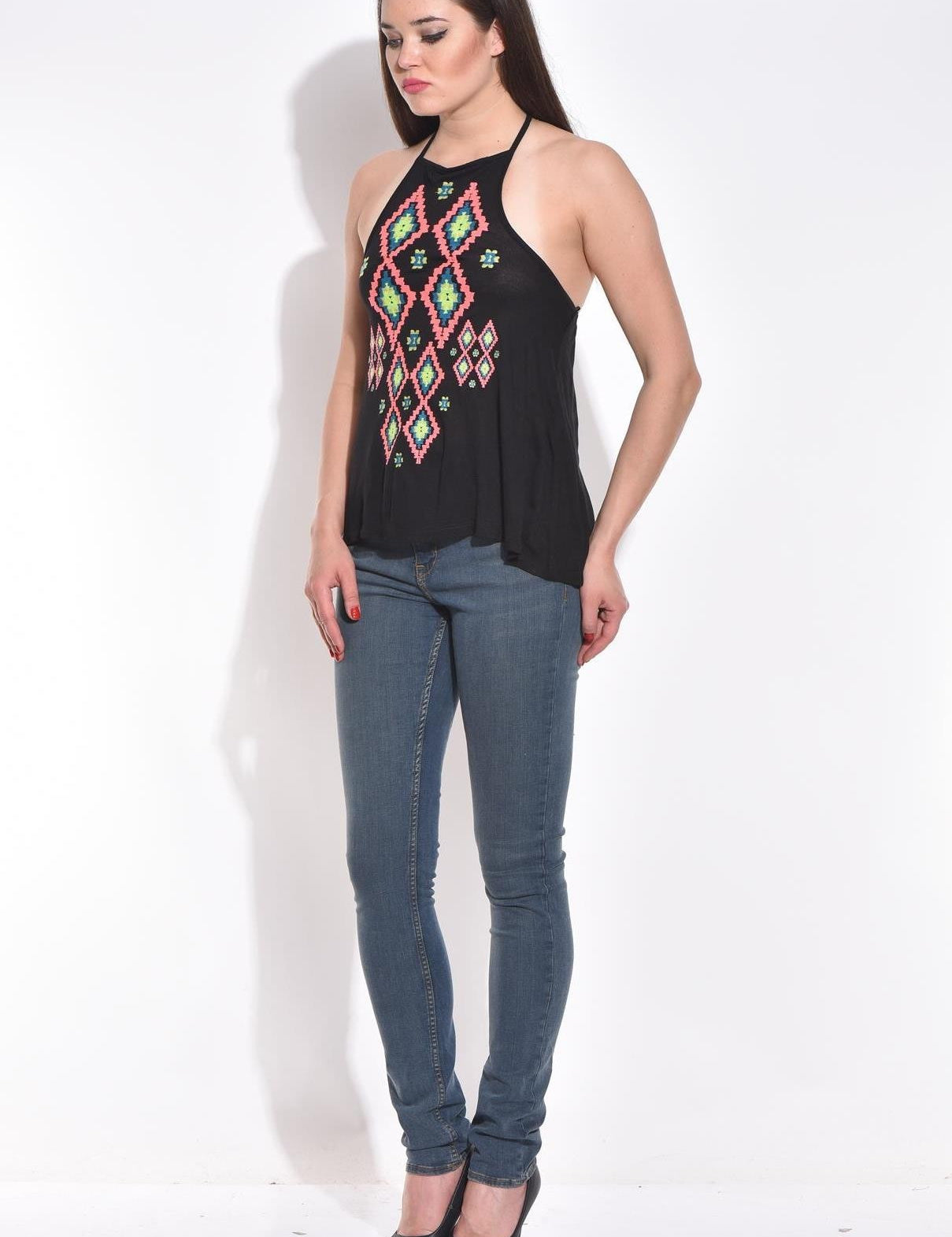 KOTTY Casual Sleeveless Printed Women Black Top 