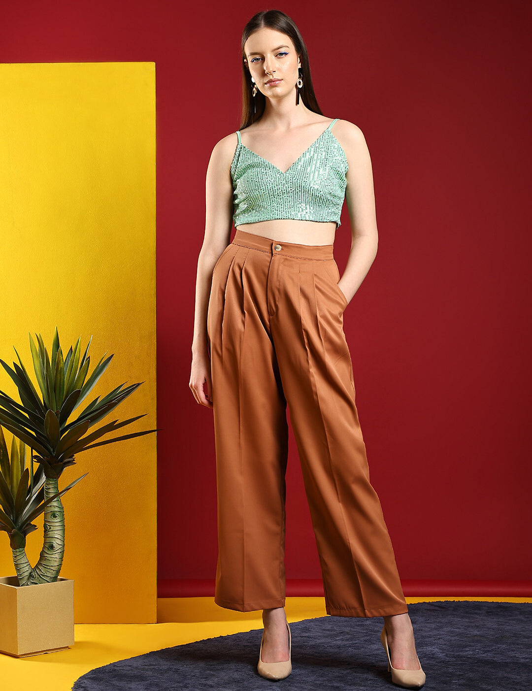 KOTTY Casual Embellished Women Green Top 