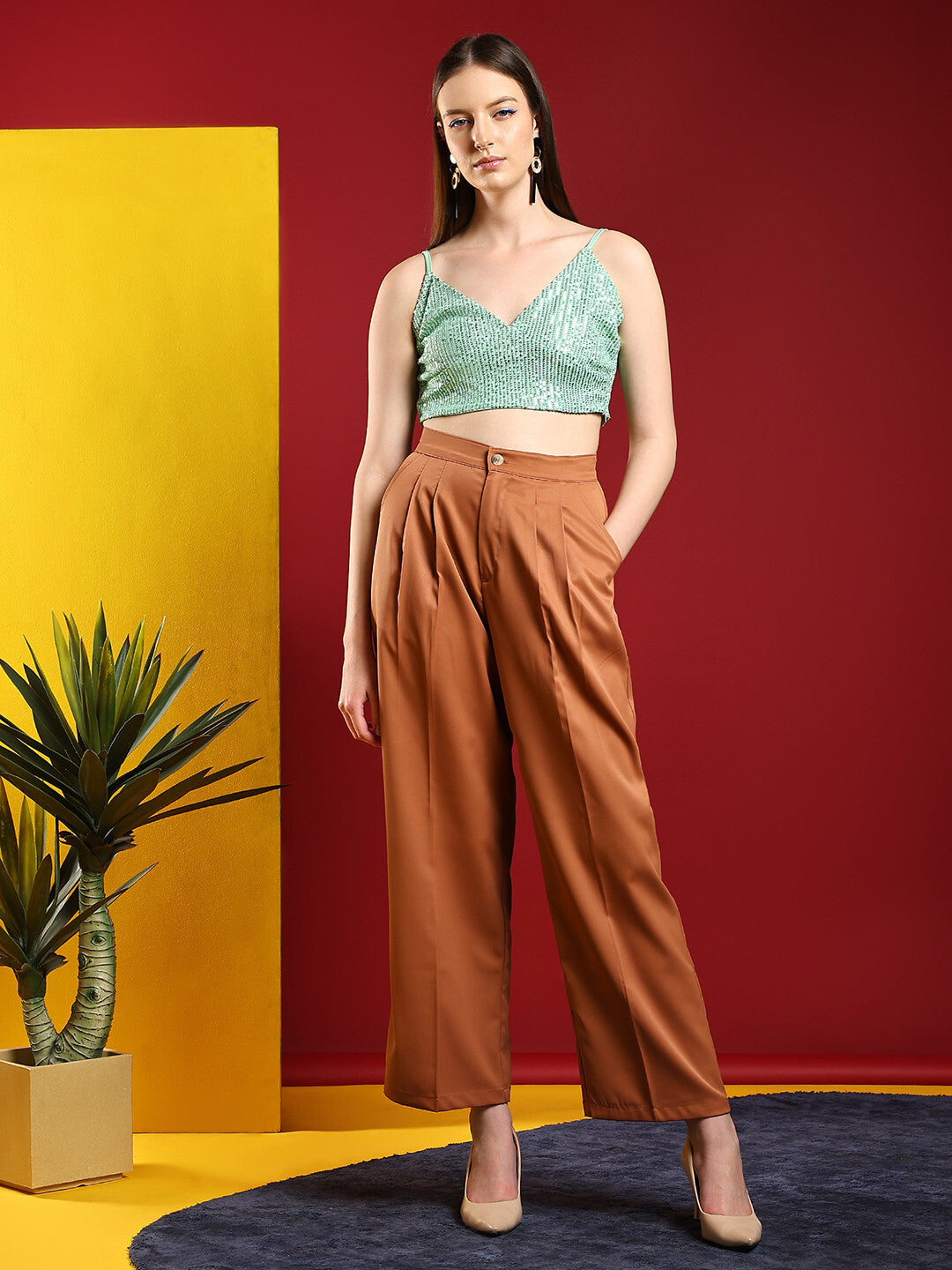 KOTTY Casual Embellished Women Green Top 