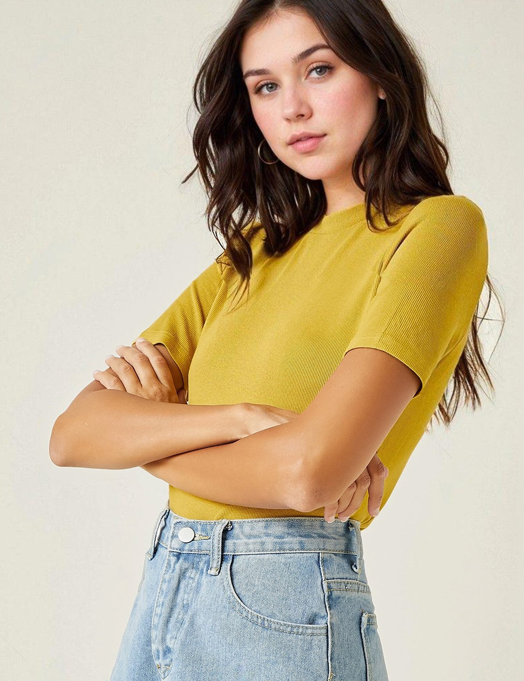 KOTTY Women's Slim Fit Half Sleeve Ribbed T-Shirt