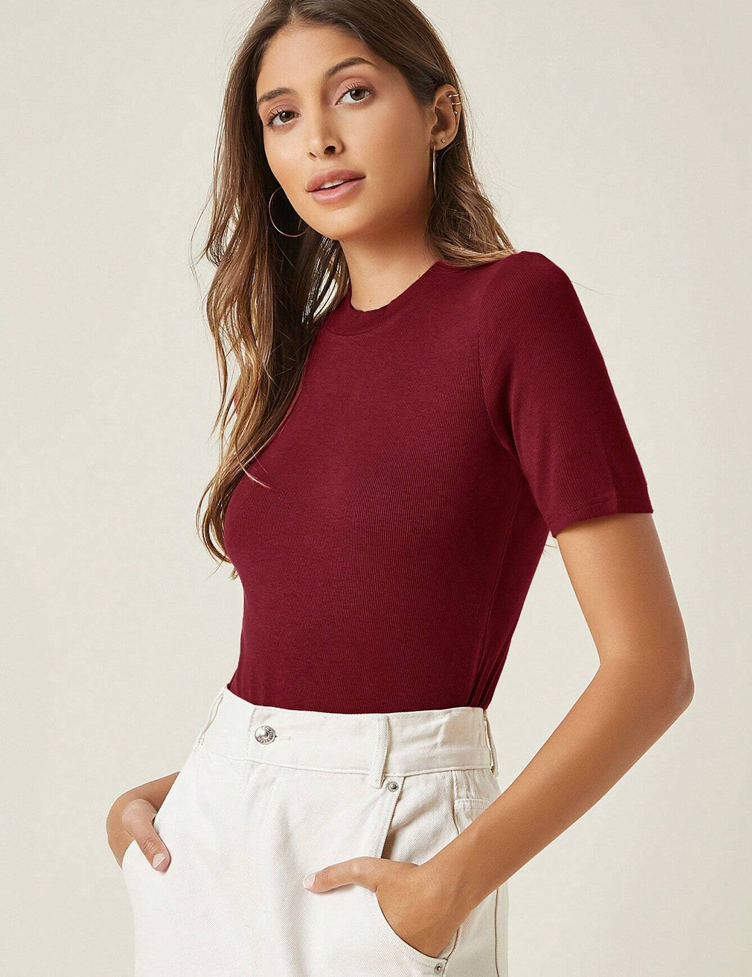 KOTTY Women's Slim Fit Half Sleeve Ribbed T-Shirt