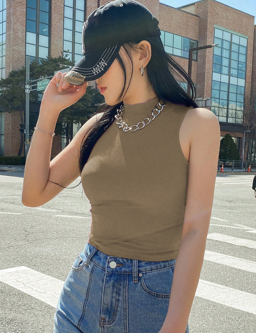 KOTTY Women's Slim Fit Sleeveles Ribbed T-Shirt