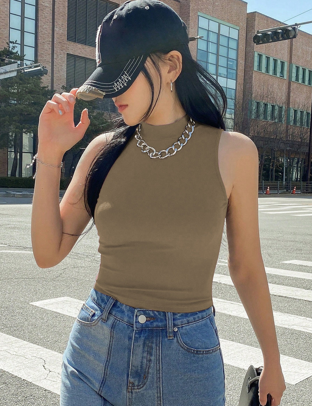 KOTTY Women's Slim Fit Sleeveles Ribbed T-Shirt
