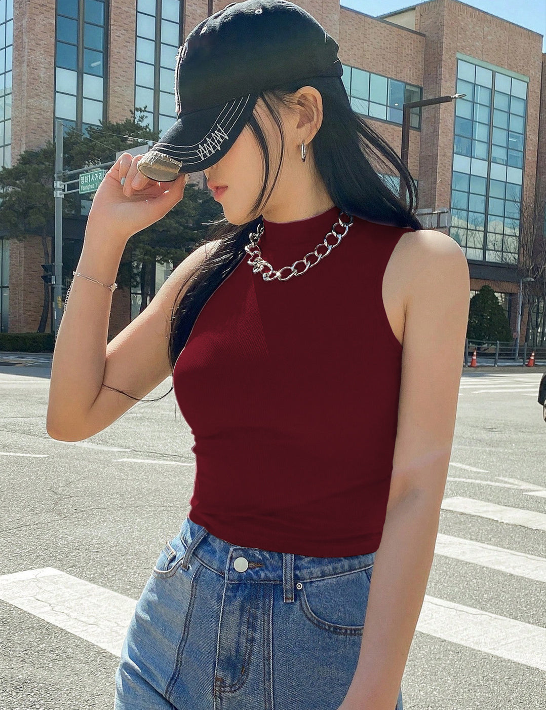 KOTTY Women's Slim Fit Sleeveles Ribbed T-Shirt