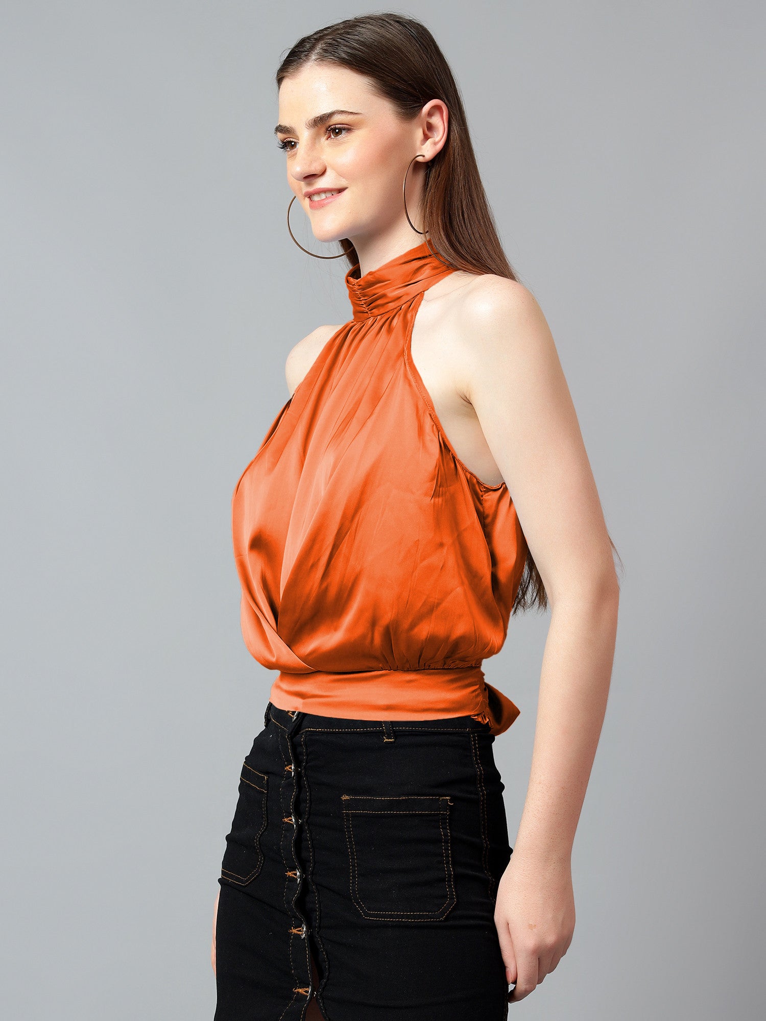 KOTTY Casual Solid Women Orange Top 
