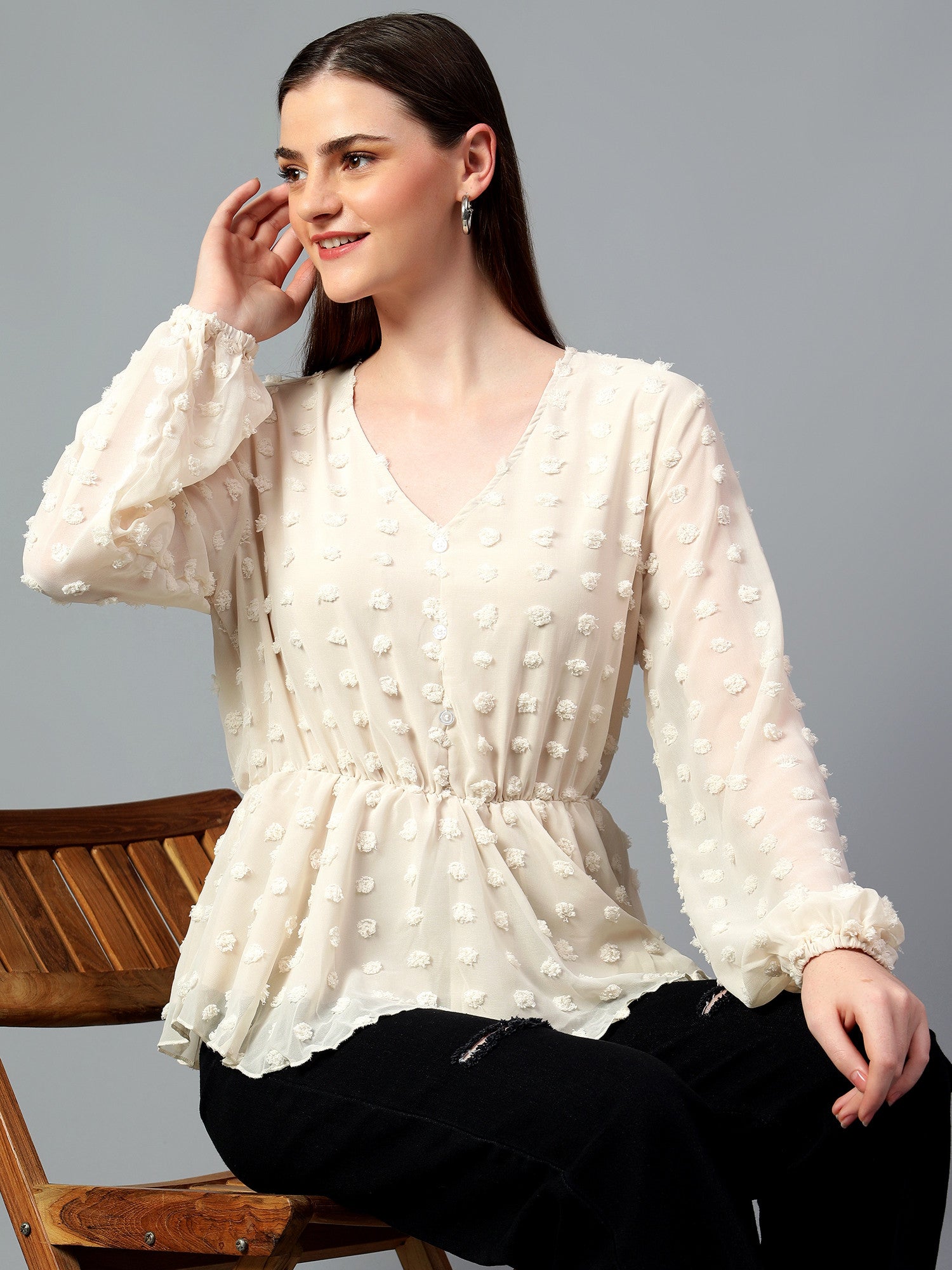 KOTTY Casual Solid Women Beige Top 
