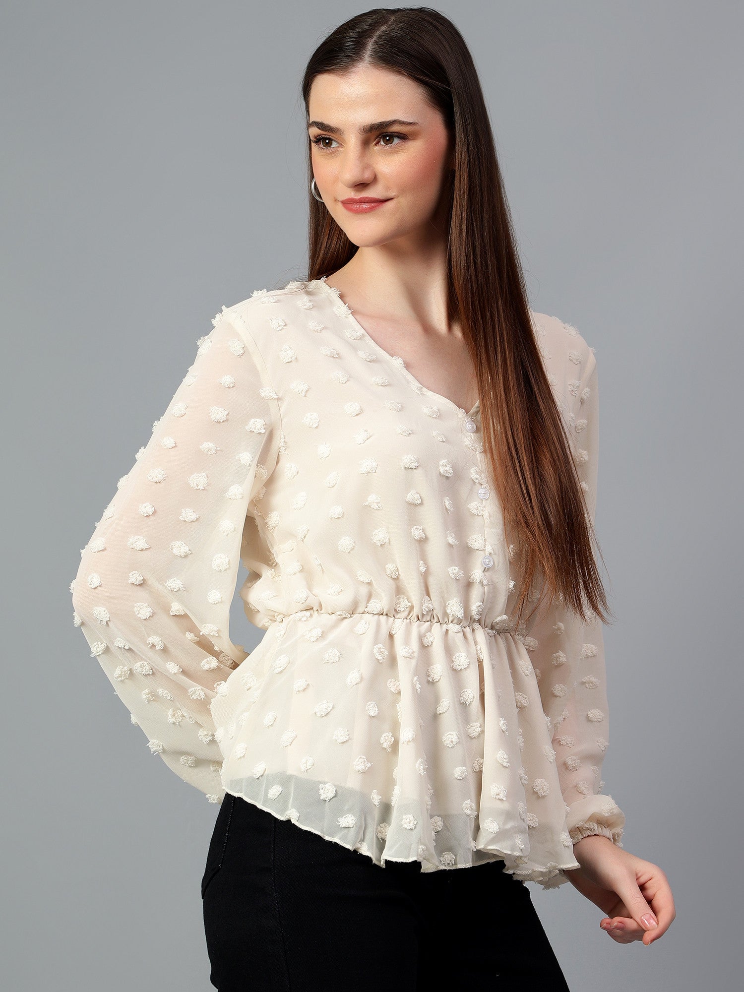 KOTTY Casual Solid Women Beige Top 