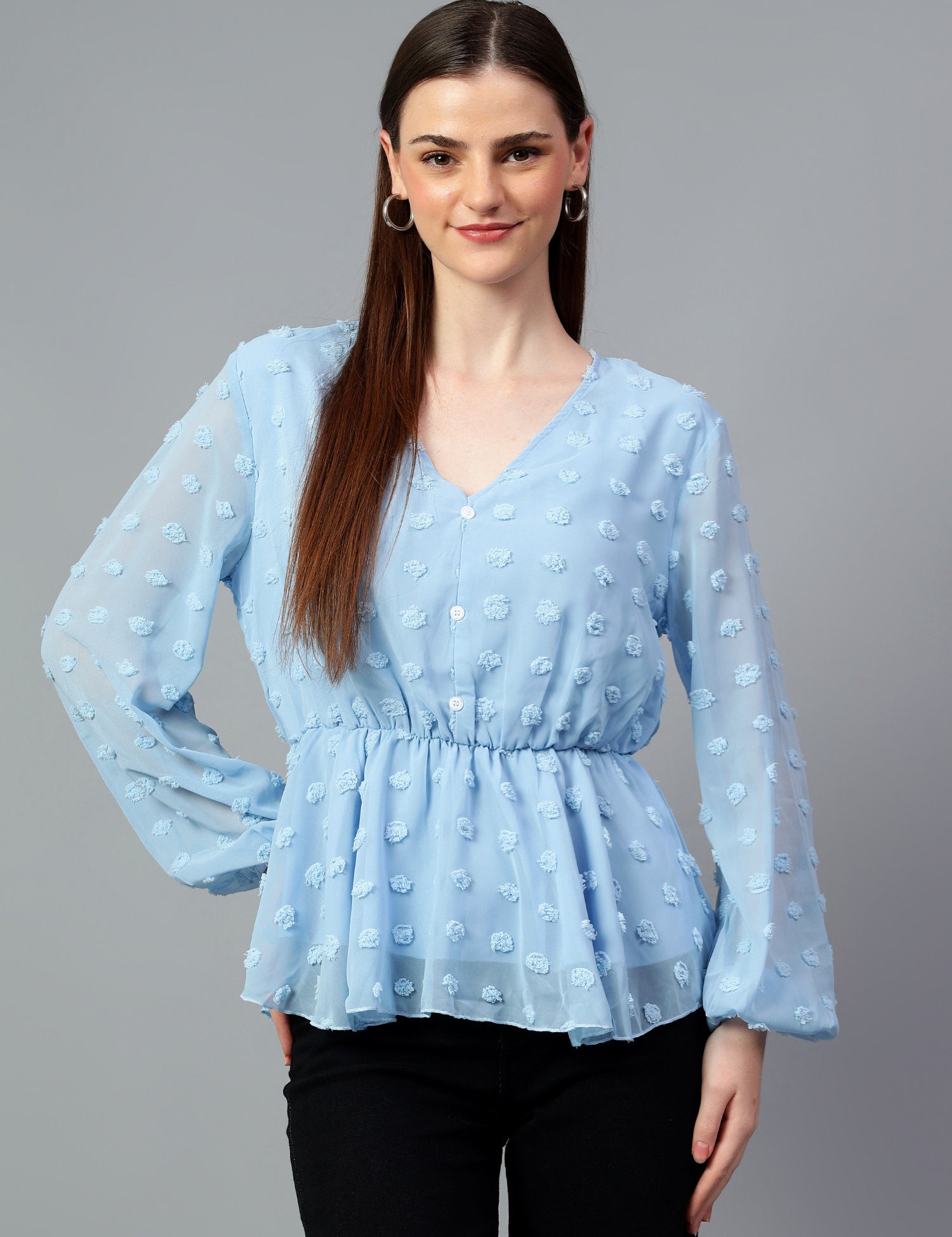KOTTY Casual Self Design Women Light Blue Top 