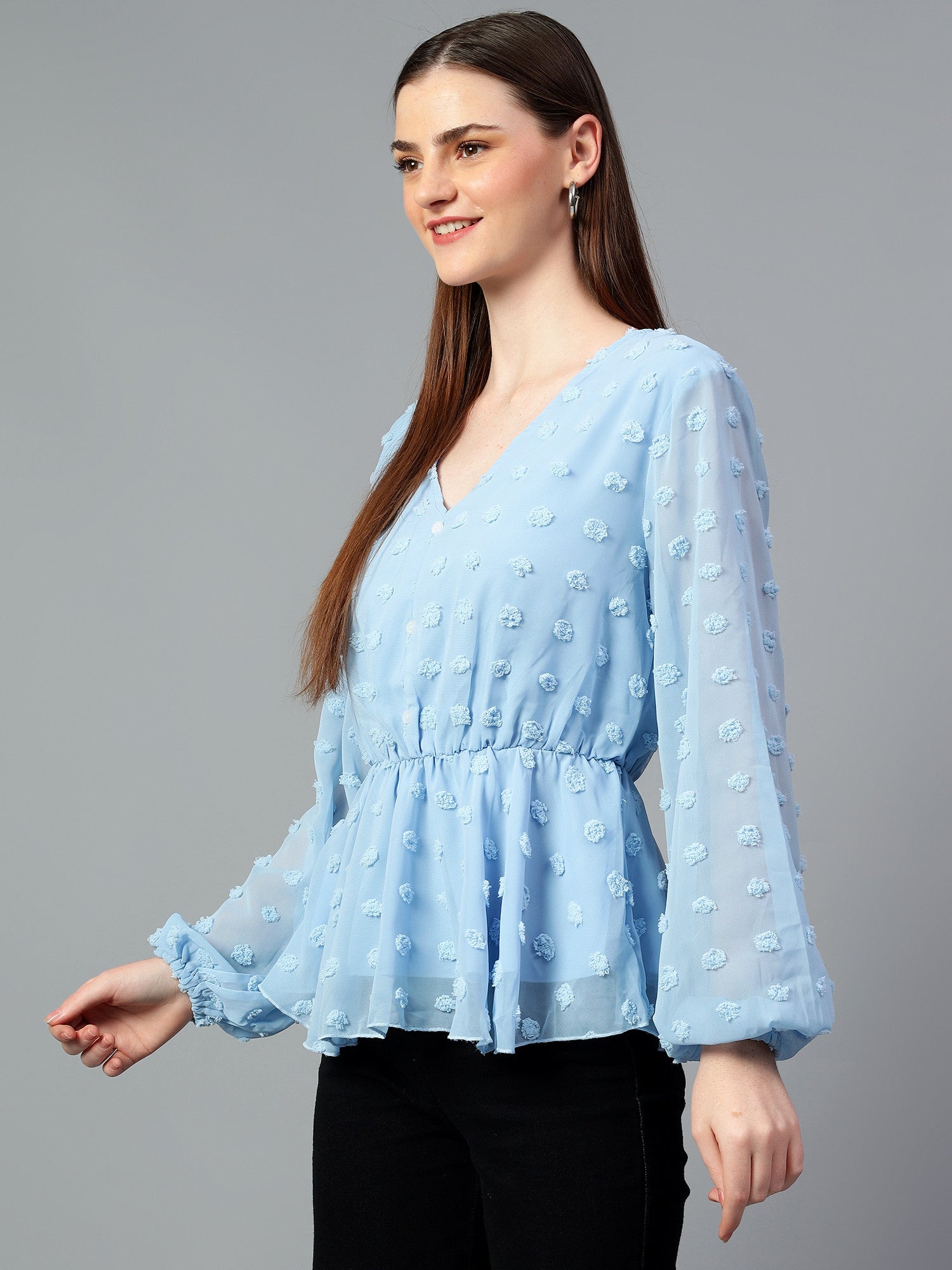 KOTTY Casual Self Design Women Light Blue Top 