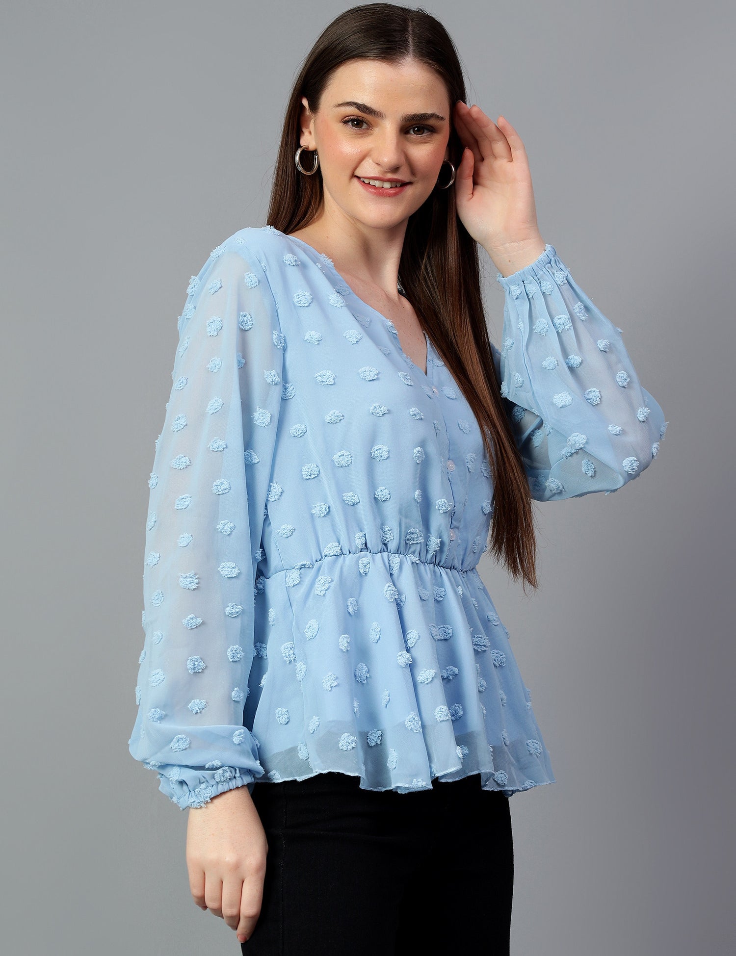 KOTTY Casual Self Design Women Light Blue Top 