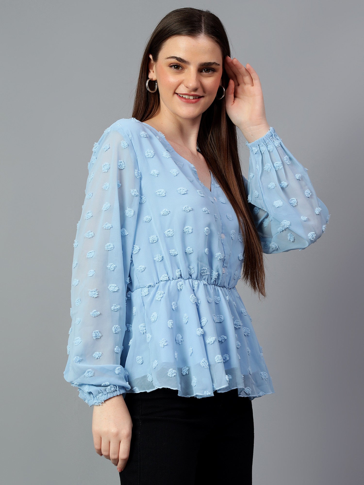KOTTY Casual Self Design Women Light Blue Top 