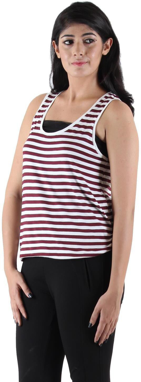 KOTTY Casual Sleeveless Striped Women Brown Top 
