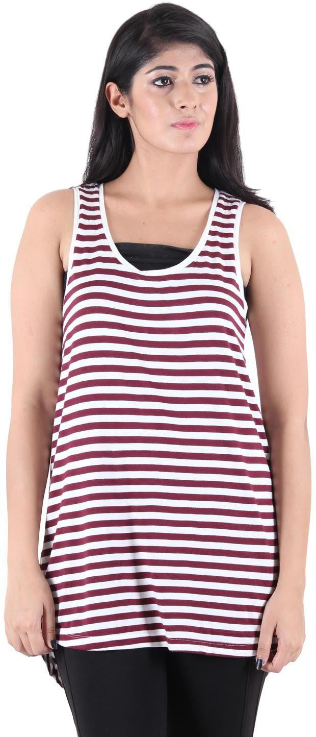 KOTTY Casual Sleeveless Striped Women Brown Top 