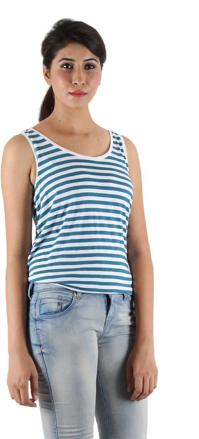 KOTTY Casual Sleeveless Striped Women Dark Green Top 