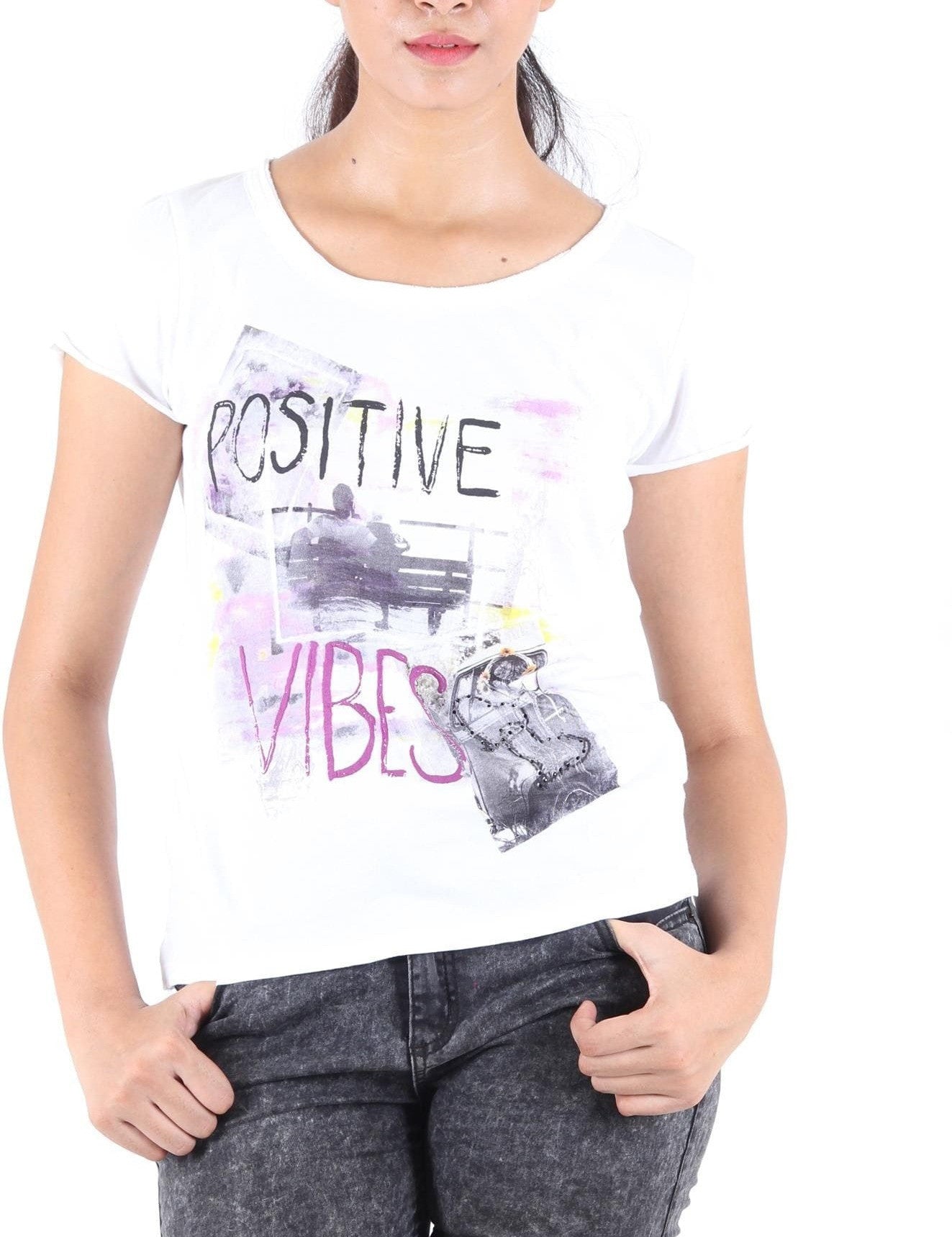 KOTTY Casual Short Sleeve Printed Women White Top 