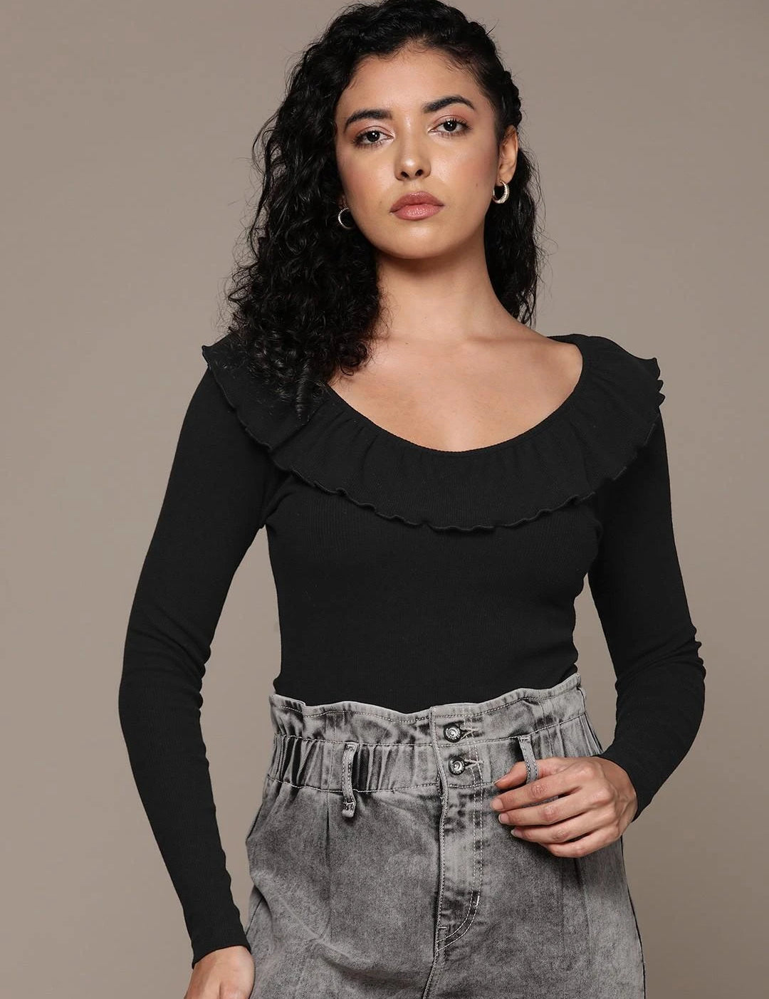 KOTTY Casual Solid Women Black Top 