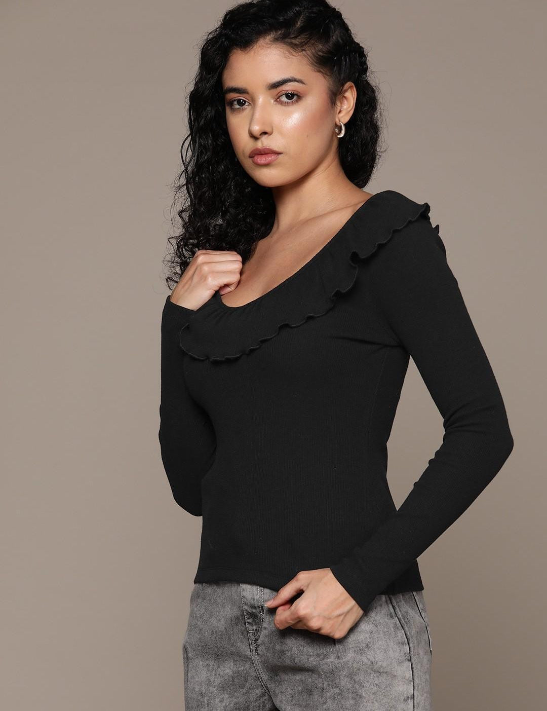KOTTY Casual Solid Women Black Top 