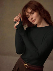 Women Solid Black Long Sleeve Slim Fit Top