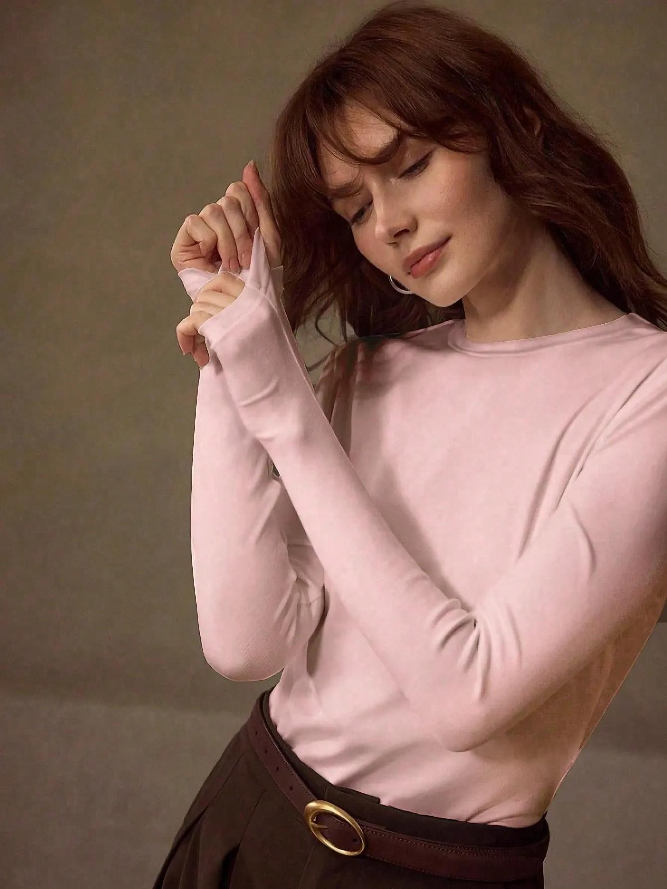 KOTTY Women Solid Baby Pink Long Sleeve Slim Fit Top