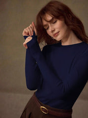 KOTTY Women Solid Navy Blue Long Sleeve Slim Fit Top