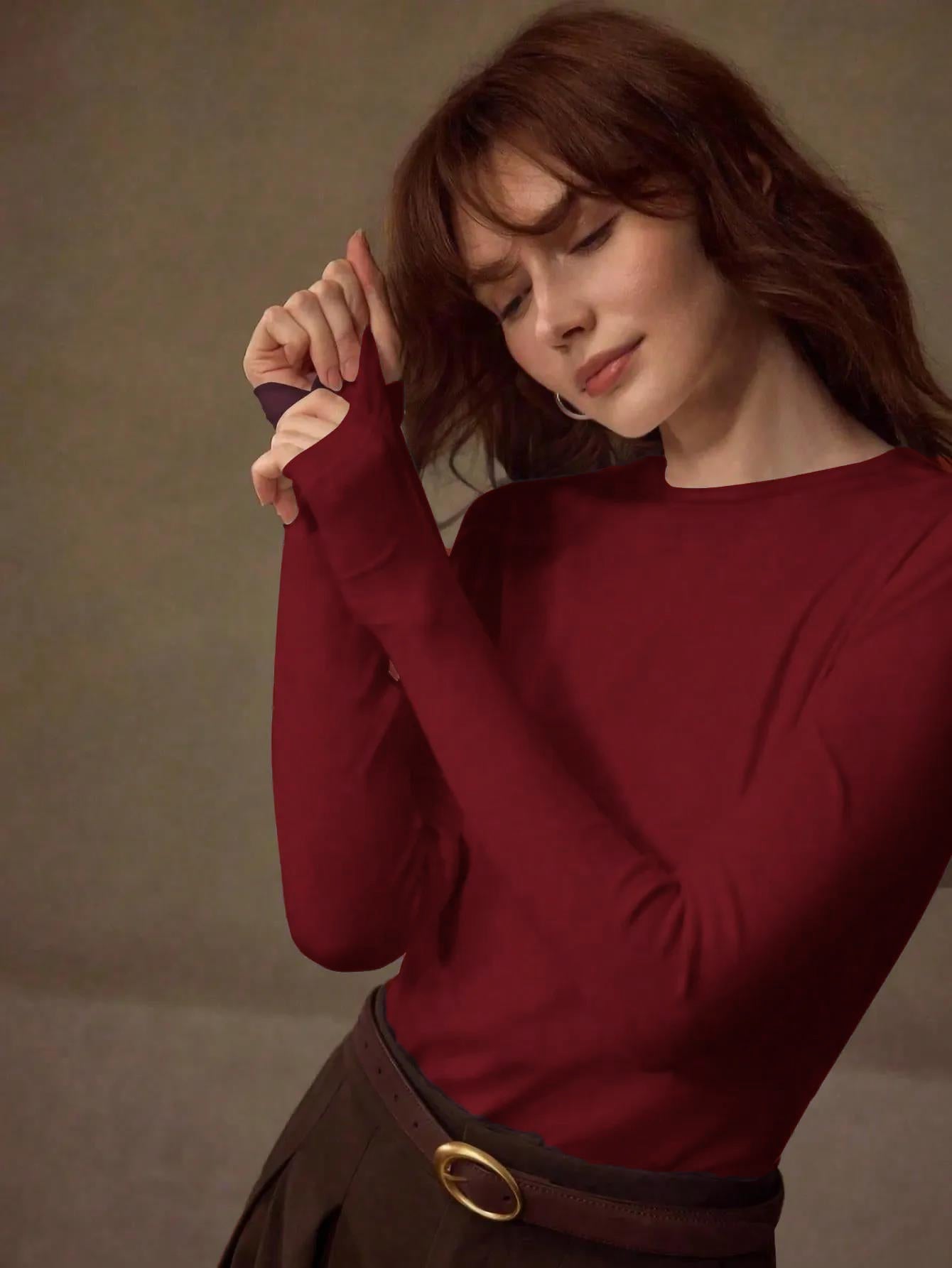 KOTTY Women Solid Maroon Long Sleeve Slim Fit Top