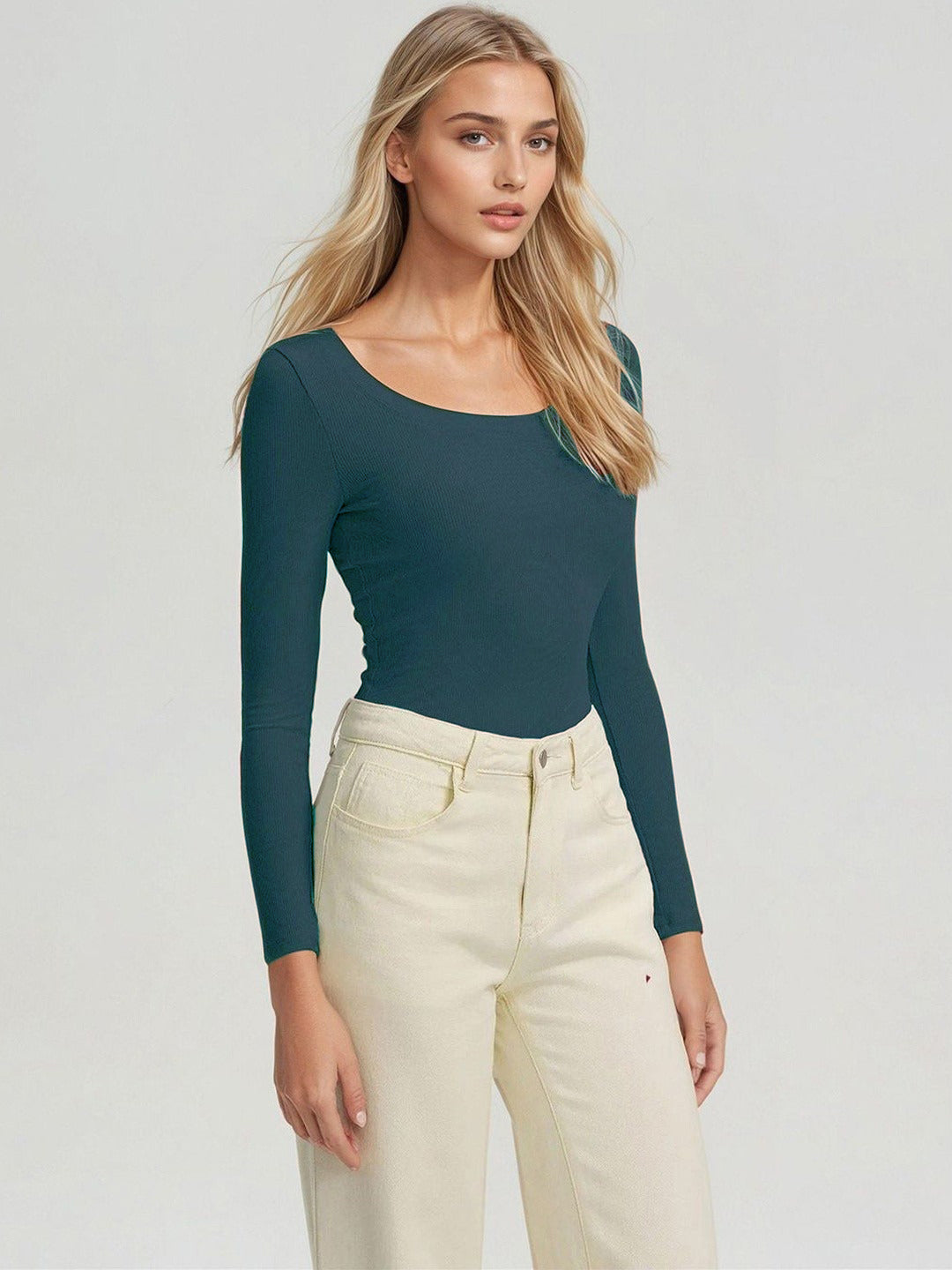 KOTTY Women's Teal Green Long Sleeve Fitted Top