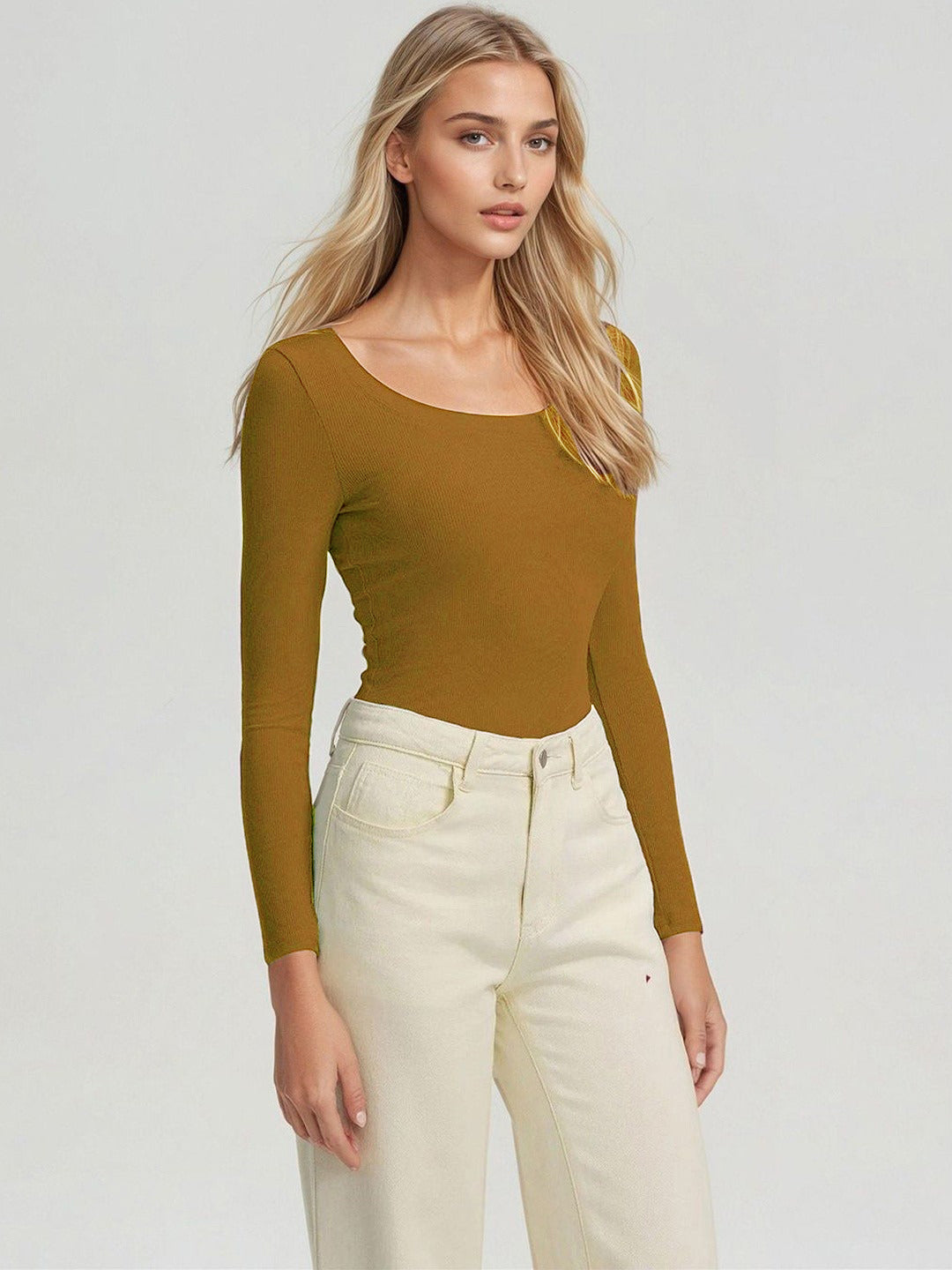 KOTTY Women‚Äôs Mustard Brown Long Sleeve Fitted Top