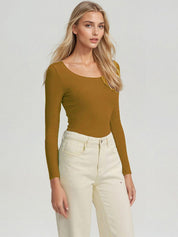 KOTTY Women‚Äôs Mustard Brown Long Sleeve Fitted Top