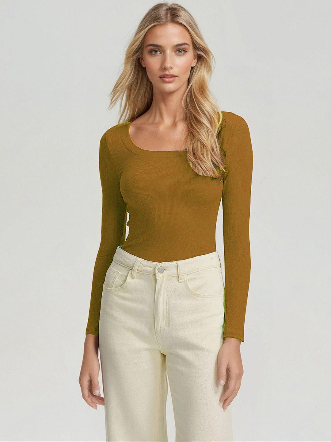 KOTTY Women‚Äôs Mustard Brown Long Sleeve Fitted Top