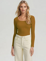 KOTTY Women‚Äôs Mustard Brown Long Sleeve Fitted Top