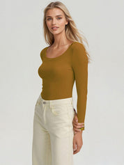 KOTTY Women‚Äôs Mustard Brown Long Sleeve Fitted Top