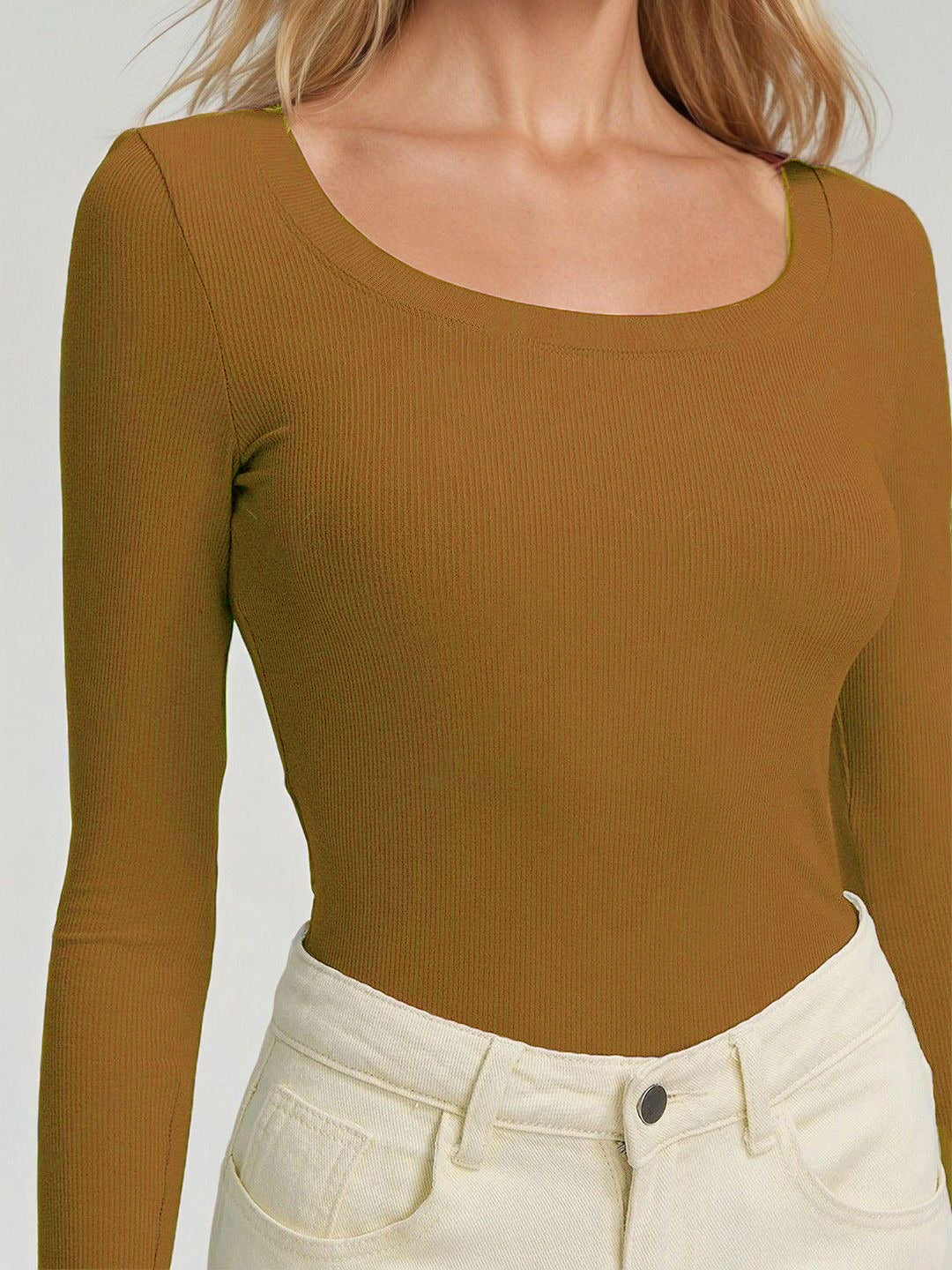 KOTTY Women‚Äôs Mustard Brown Long Sleeve Fitted Top