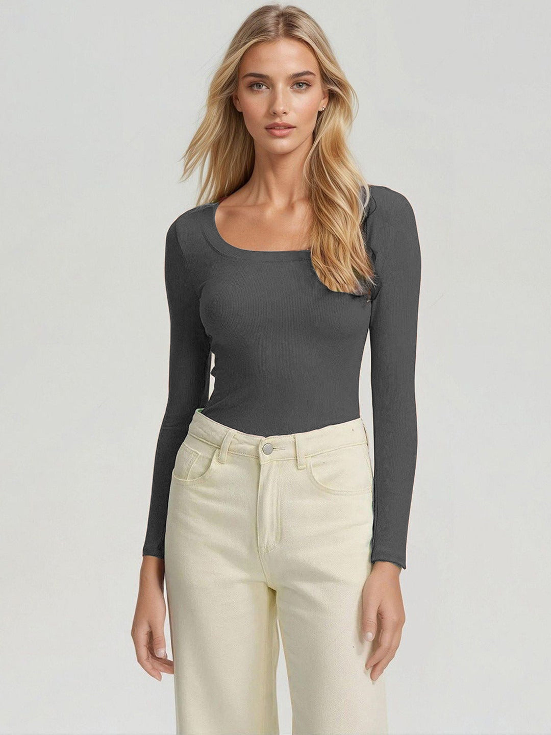 KOTTY Charcoal Grey Ribbed Long Sleeve Top