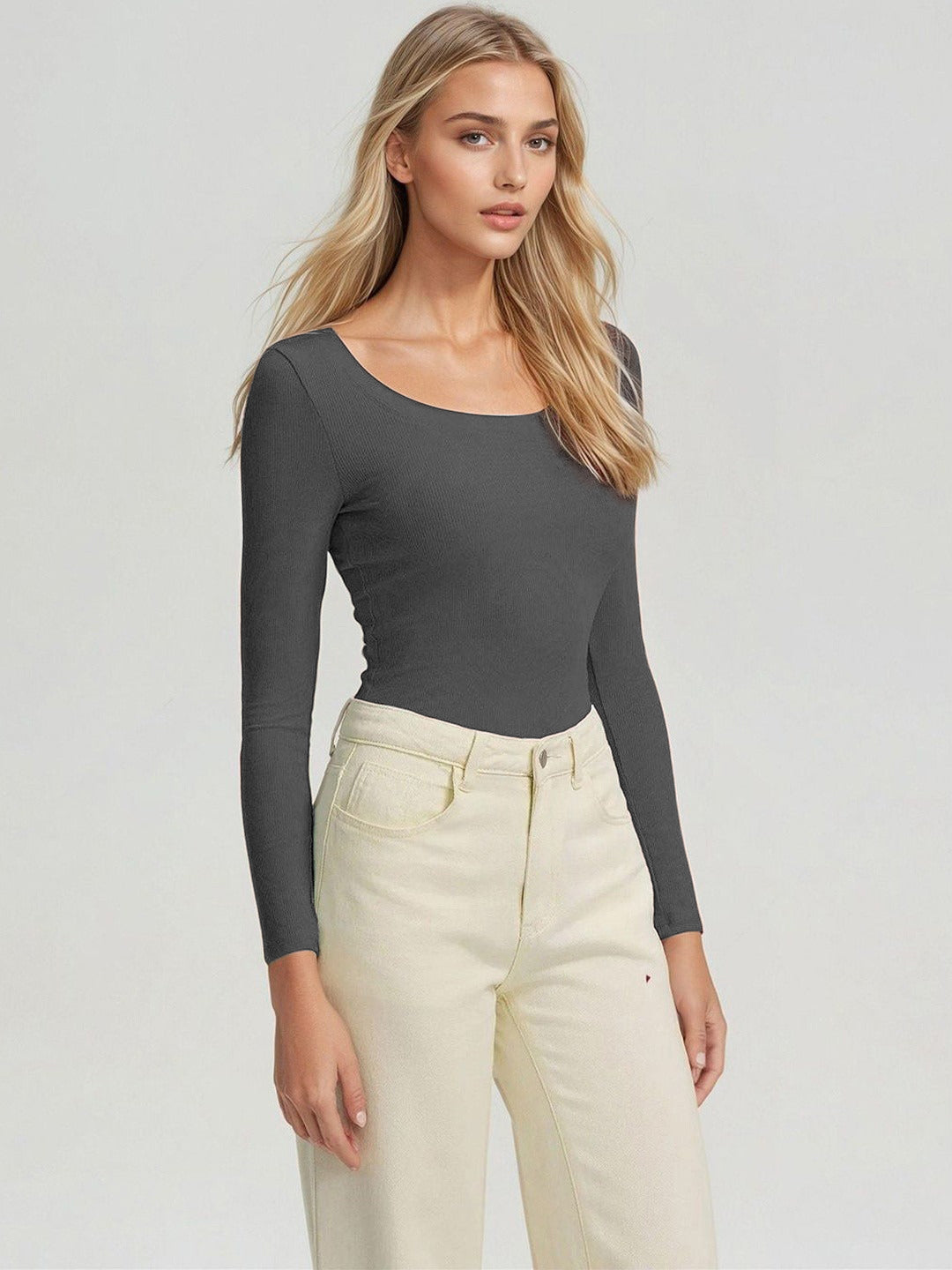 KOTTY Charcoal Grey Ribbed Long Sleeve Top