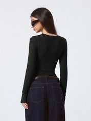 KOTTY Women's Black Long Sleeve Fitted Top