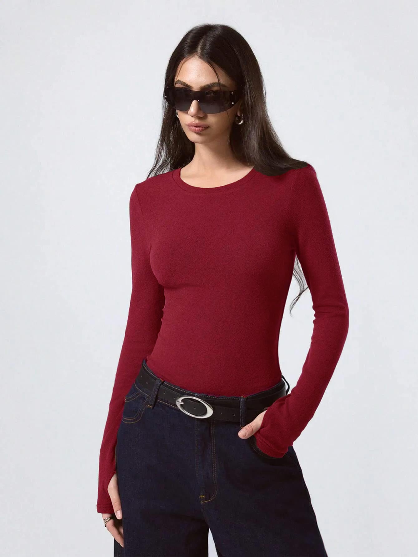 Women's Maroon Long Sleeve Fitted Top