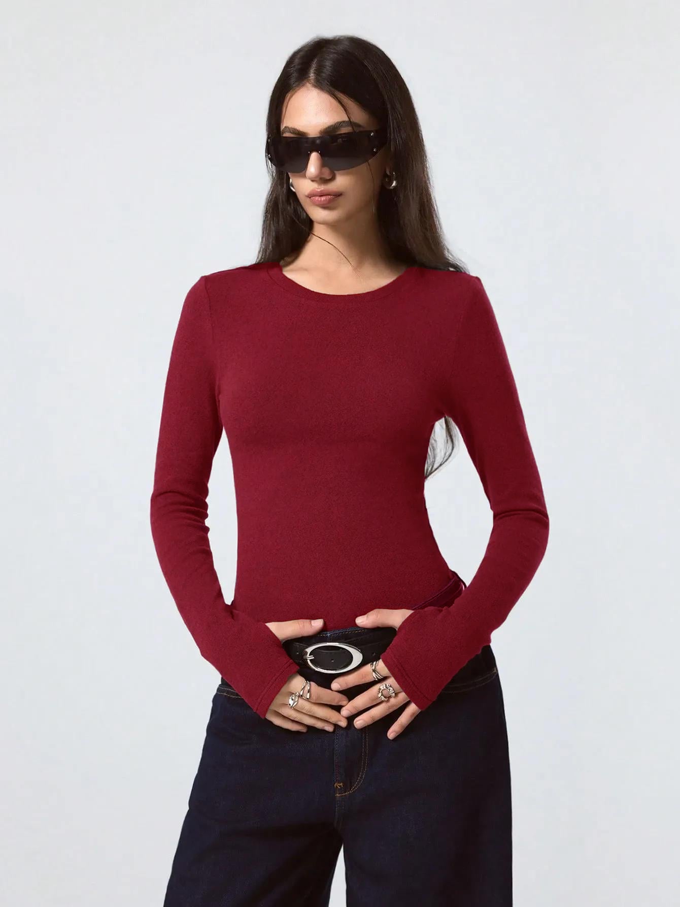 Women's Maroon Long Sleeve Fitted Top