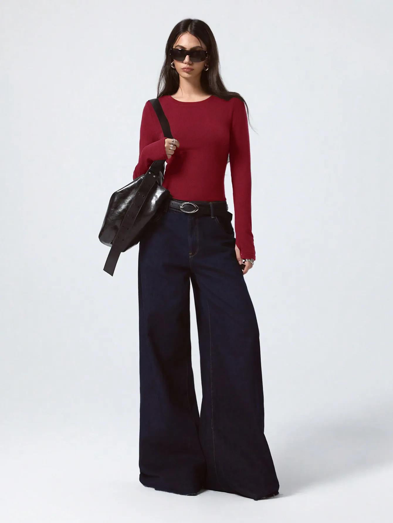 Women's Maroon Long Sleeve Fitted Top