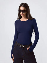 KOTTY Women's Navy Blue Long Sleeve Fitted Top