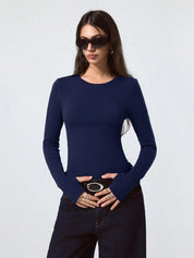 KOTTY Women's Navy Blue Long Sleeve Fitted Top