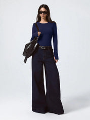 KOTTY Women's Navy Blue Long Sleeve Fitted Top