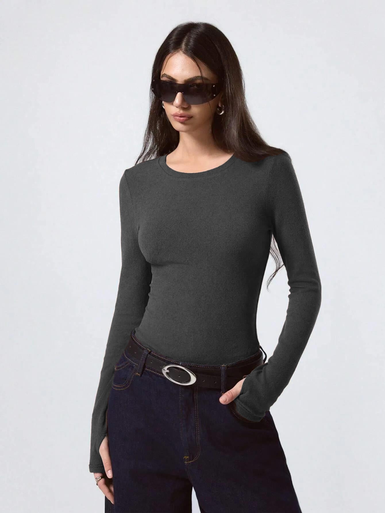 KOTTY Women's Charcoal grey Long Sleeve Fitted Top