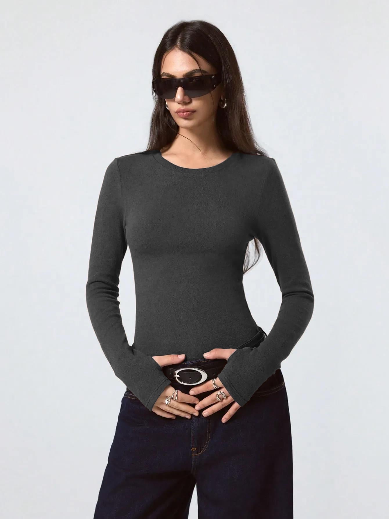 KOTTY Women's Charcoal grey Long Sleeve Fitted Top